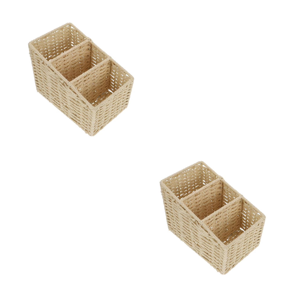 2pcs Woven 3 Compartments Woven Storage Box Bin Makeup Container Cube Organizer Divider for Home Bathroom Bedroom Closet Table Remote Beige – Everyday Household Format with a Practical Everyday Design