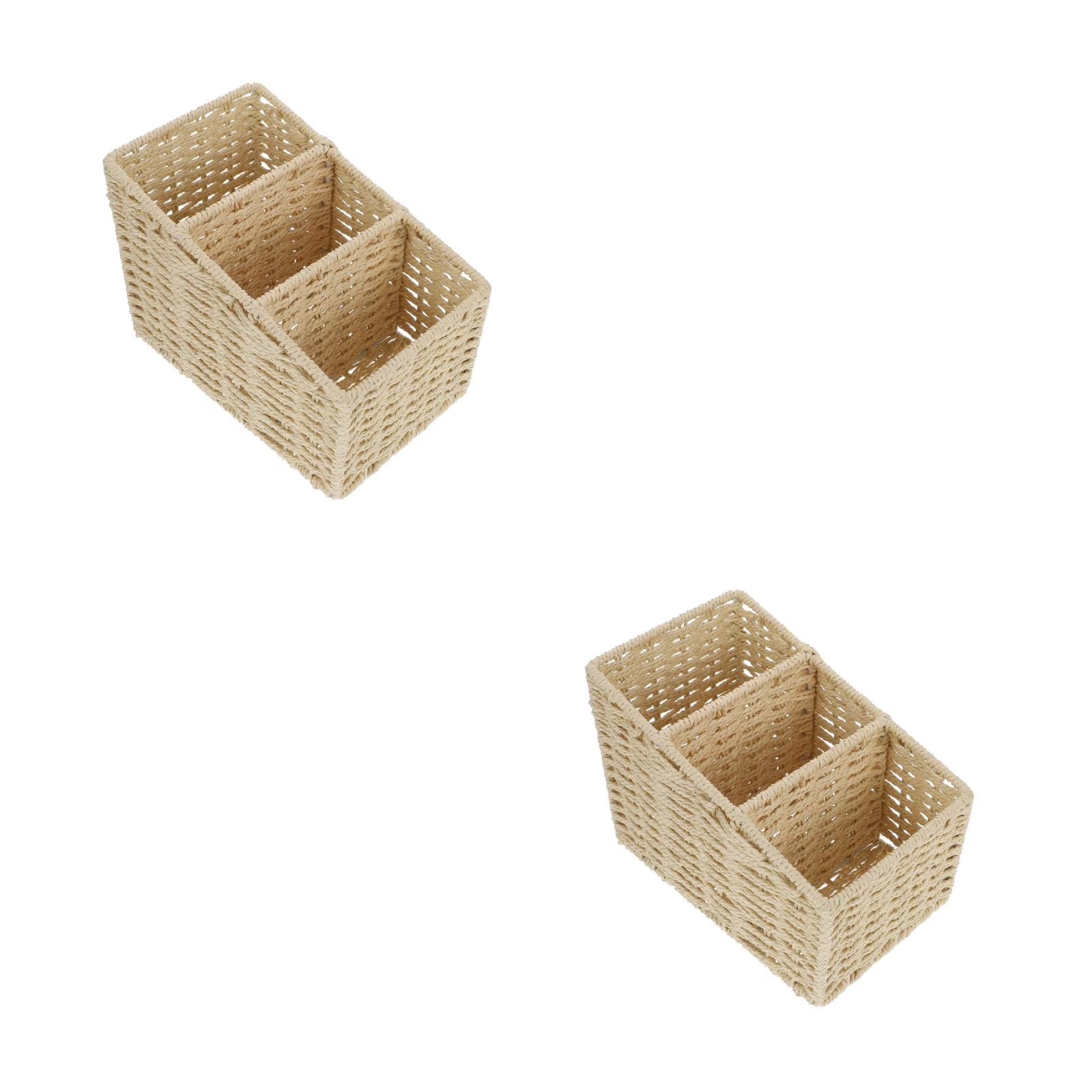 2pcs Woven 3 Compartments Woven Storage Box Bin Makeup Container Cube Organizer Divider for Home Bathroom Bedroom Closet Table Remote Beige – Multiroom Organization Format with a Practical Everyday Design