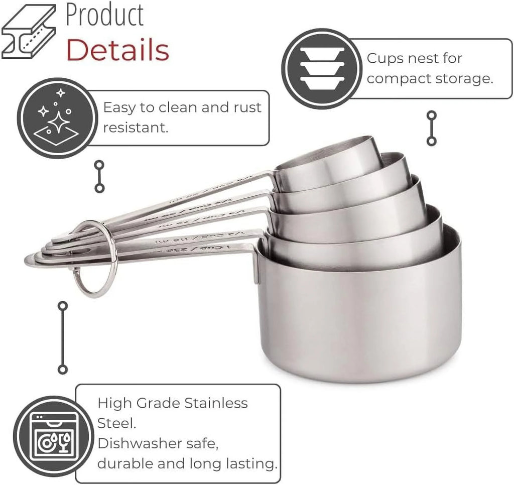 Stainless Steel Measuring Cups Heavy-Duty 5-Piece Set with Storage Ring – Kitchen Measuring Tools – Durable Stainless Steel Construction with a Practical Everyday Design