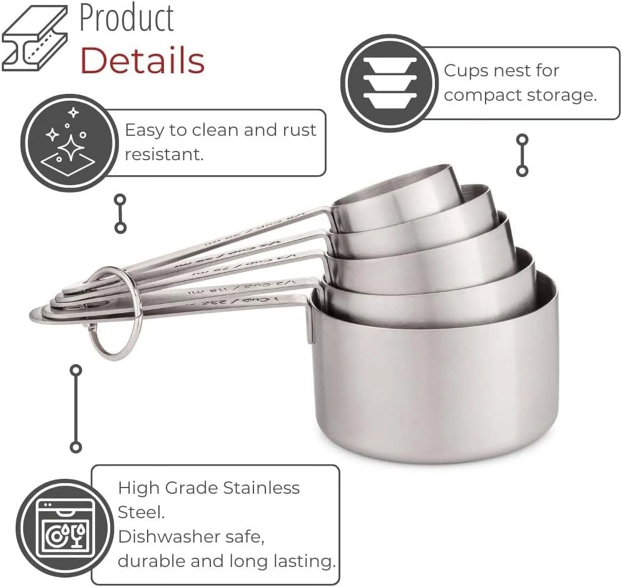 Stainless Steel Measuring Cups Heavy-Duty 5-Piece Set with Storage Ring – Kitchen Measuring Tools – Durable Stainless Steel Construction with a Practical Everyday Design