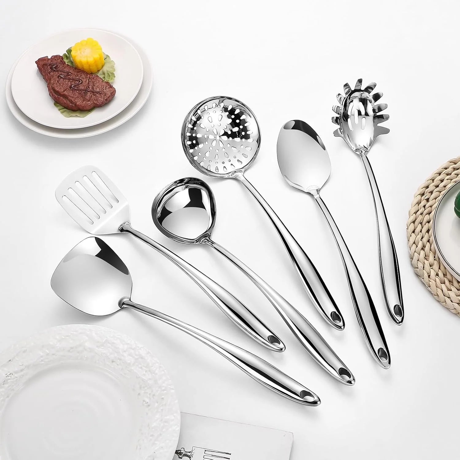 304 Stainless Steel Cooking Utensils Set,6 Pcs Long Metal Kitchen Utensils Set with Spatula Solid Spoon Ladle Skimmer Spaghetti Spoon,Dishwasher Suitable – Durable Stainless Steel Construction with a Practical Everyday Design
