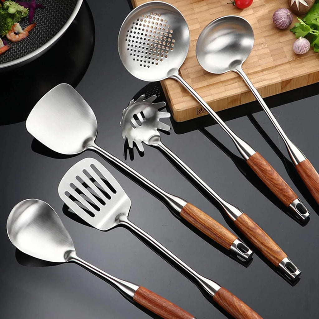 Cooking Utensils Set,7pcs 304 Stainless Steel Kitchen Utensils Set with Holder,Heat Resistant Wooden Handle Kitchen Tools – Convenient Carry Handles with a Practical Everyday Design