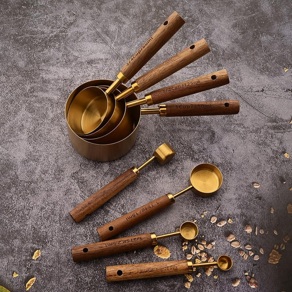8 pieces Golden Measuring Cups Set and Measuring Spoons Set with Scale Wooden Handle Stainless Steel Dry & Liquid Measuring Cup for Cooking Baking – Convenient Carry Handles with a Practical Everyday Design