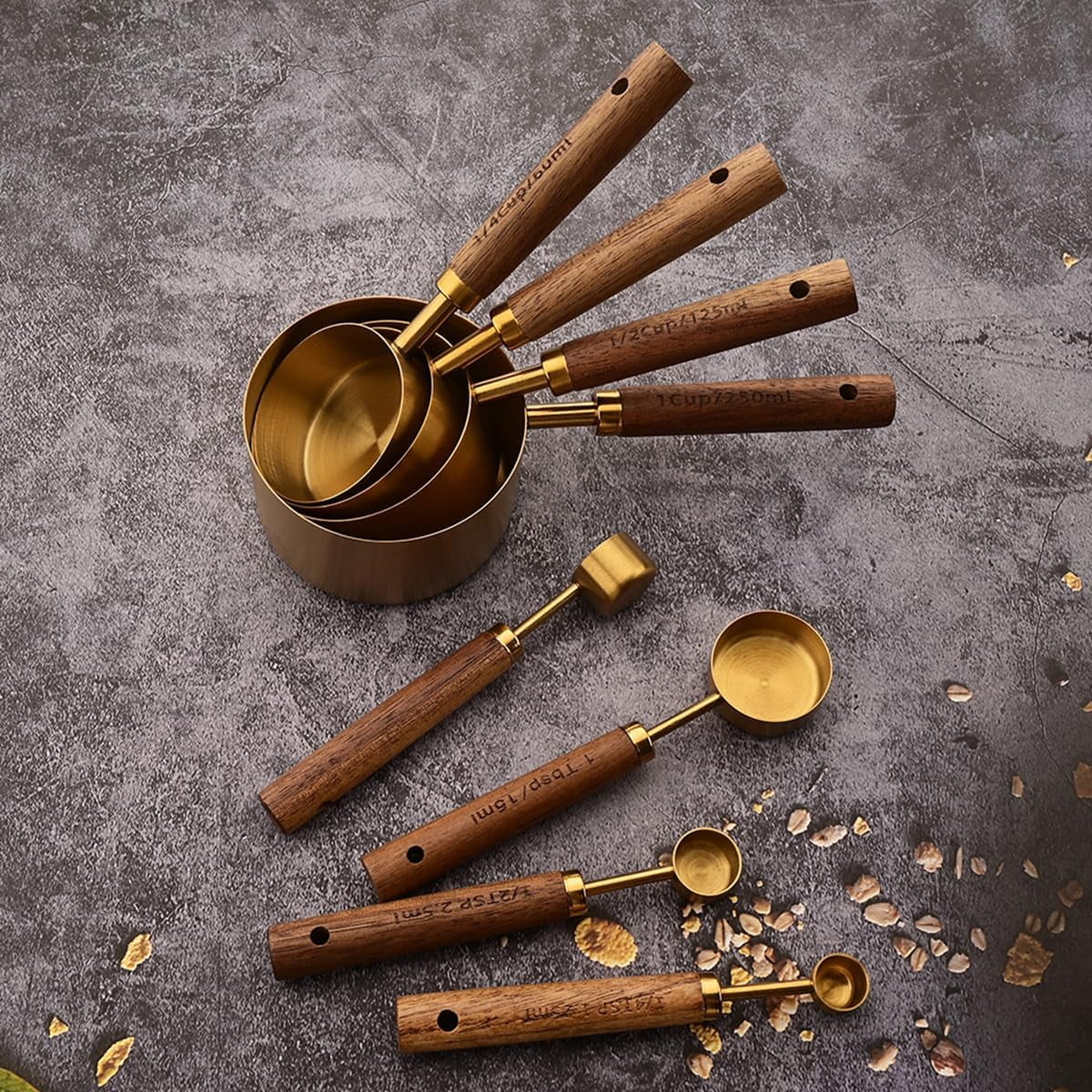8 pieces Golden Measuring Cups Set and Measuring Spoons Set with Scale Wooden Handle Stainless Steel Dry & Liquid Measuring Cup for Cooking Baking – Convenient Carry Handles with a Practical Everyday Design