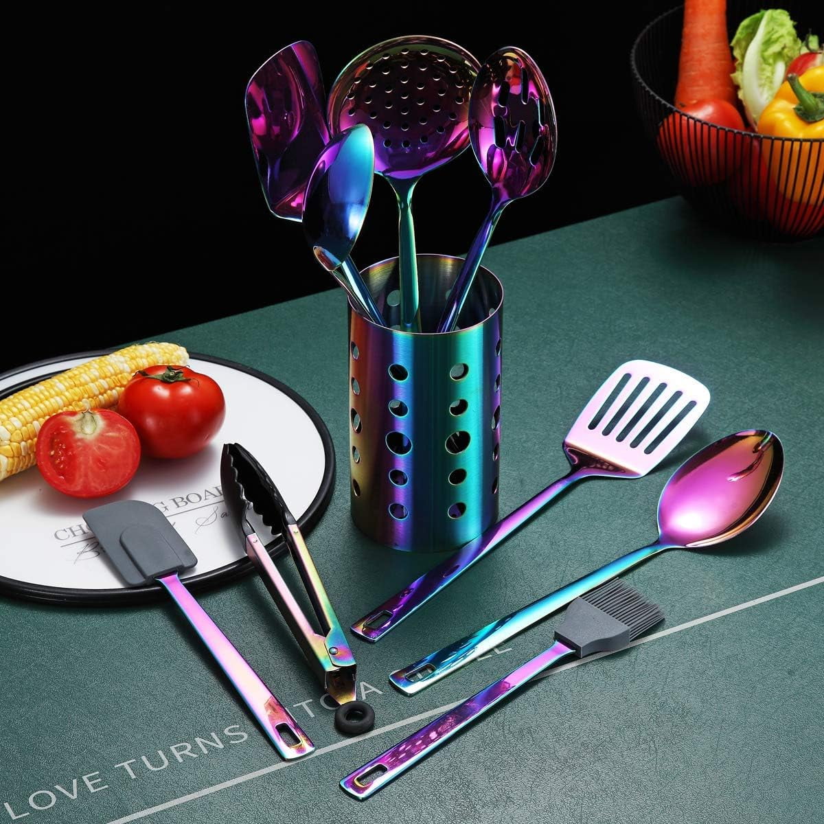 Rainbow Kitchen Utensil Set 13-Piece Stainless Steel Cookware Set Titanium Rainbow Plating Kitchen Tool Set with Cutlery Holder Suitable for Non-stick Cookware Dishwasher Suitable – Durable Stainless Steel Construction with a Practical Everyday Design