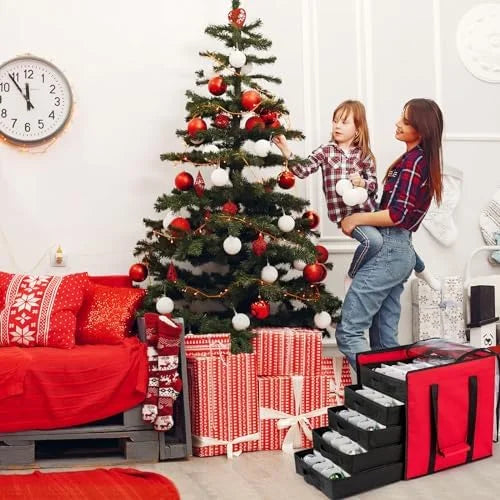 Christmas Ornament Storage Containers -Holds Up to 100 Holiday Ornaments with 5 Removable Trays Large Storage Box with Clear Covered Top & Sturdy Handles – Clear-View Organization with a Practical Everyday Design