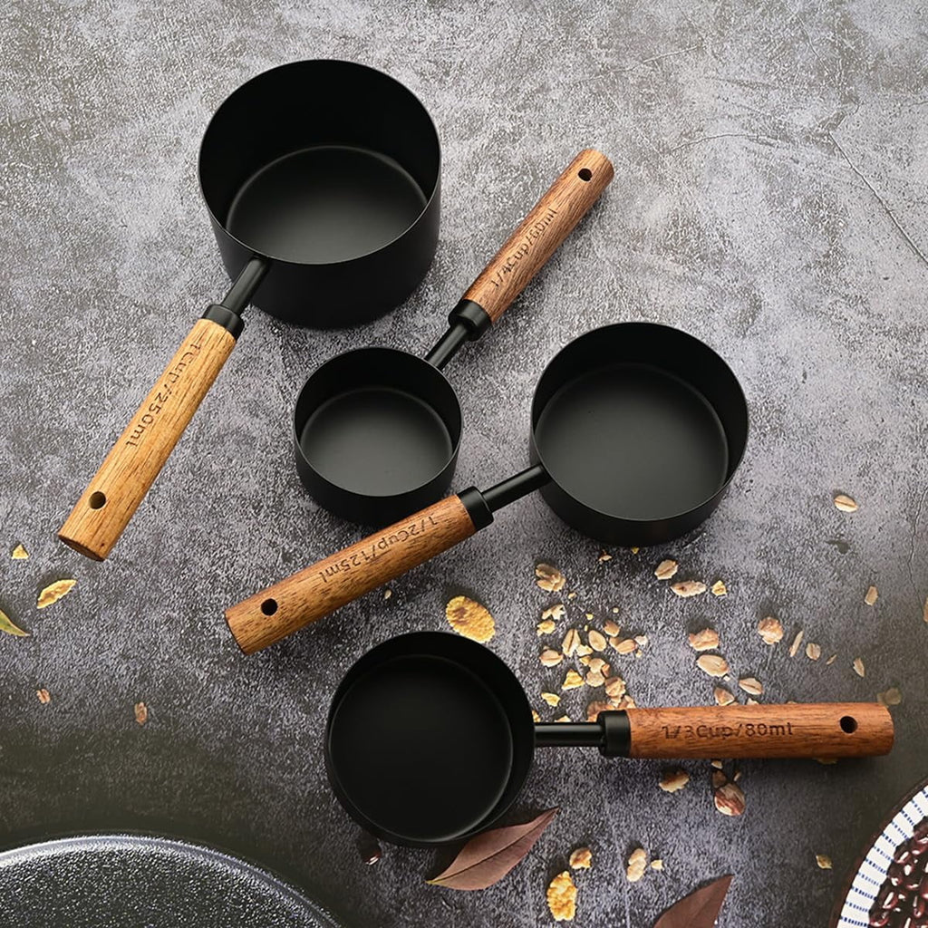 8 pieces Black Measuring Cups Set and Measuring Spoons Set with Scale Wooden Handle Stainless Steel Dry & Liquid Measuring Cup for Cooking Baking – Convenient Carry Handles with a Practical Everyday Design