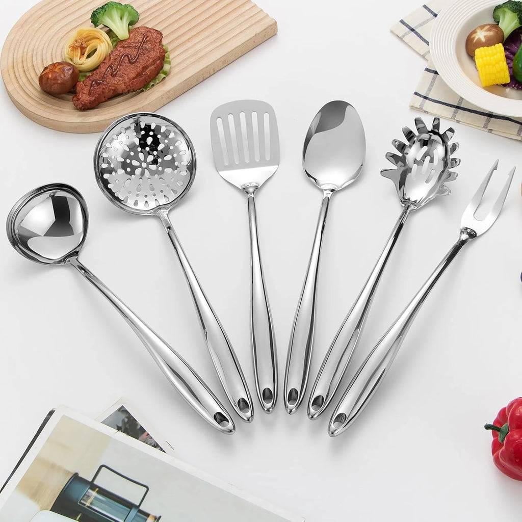 304 Stainless Steel Kitchen Utensils Set 6 Pcs Long Metal Cooking Utensil with Spatula Solid Spoon Ladle Skimmer Spaghetti Spoon Meat Fork Dishwasher Suitable – Durable Stainless Steel Construction with a Practical Everyday Design
