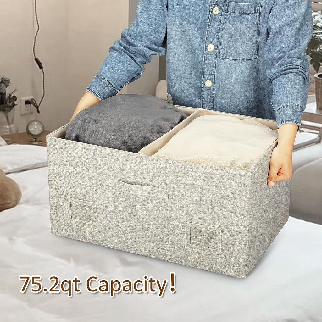 Medium 15" 21 Quart Collapsible Stackable Storage Bins with Lids 5 Packs Beige Foldable Fabric Closet Boxes Heavy-duty Lidded Linen Cube Baskets Container Organizers and Storage – Multiroom Organization Format with a Practical Everyday Design