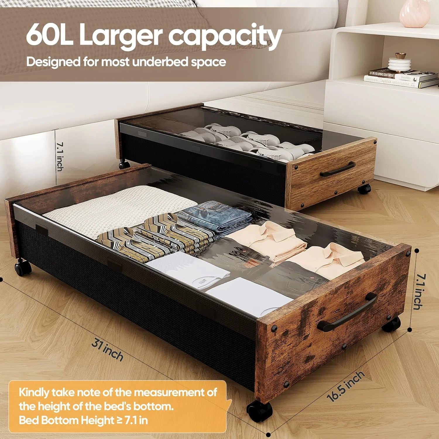 Wooden Under Bed Storage with Wheels Rolling Under the Bed Storage Bins with Removable Lid Metal Under Bed Drawers for Clothes and Shoes in Bedroom or Living Room(Black Wood-2pack) – Easy-Roll Mobility with a Practical Everyday Design