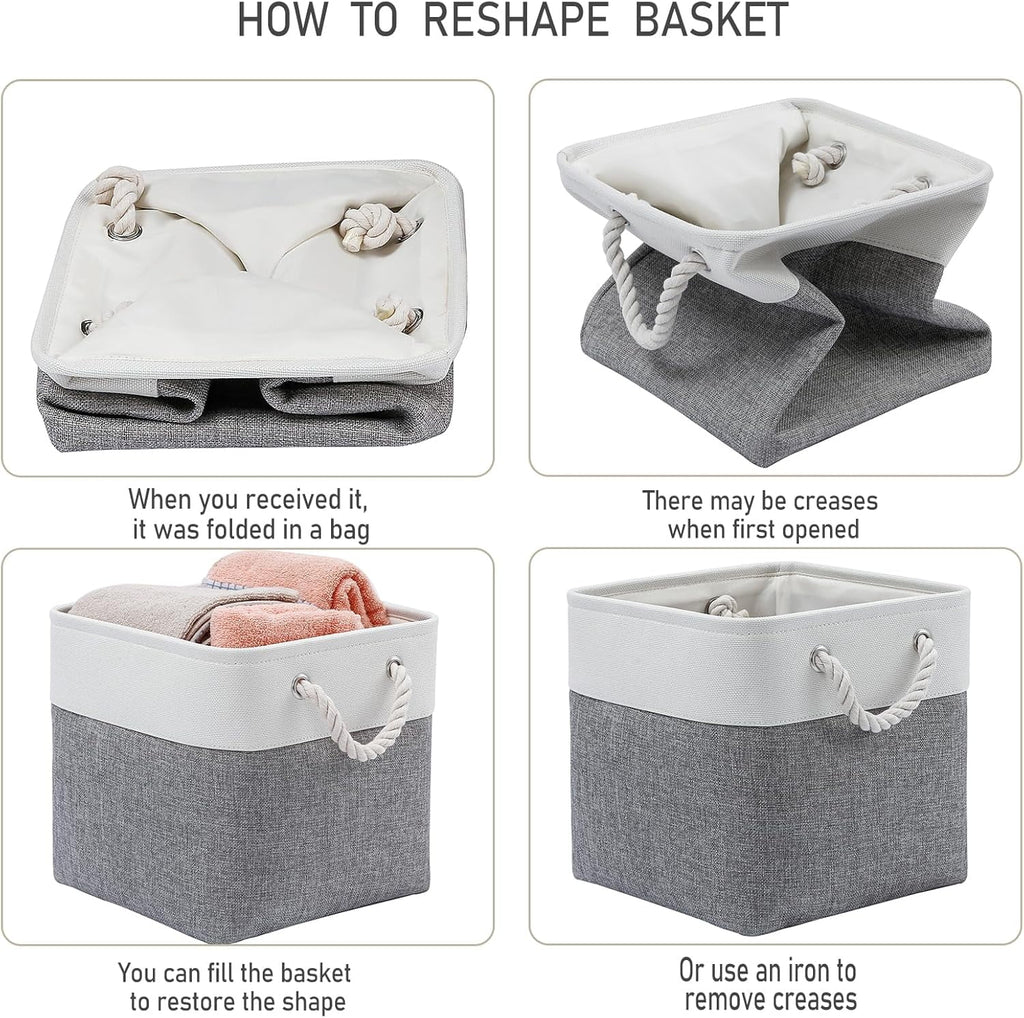 13 x 13 Inch Cube Storage Bins 6 Pack Extra Large Collapsible Fabric Storage Bin with Ropes Foldable Storage Cubes for Home (White & Beige-13"x13"x13") – Foldable Space-Saving Design with a Practical Everyday Design