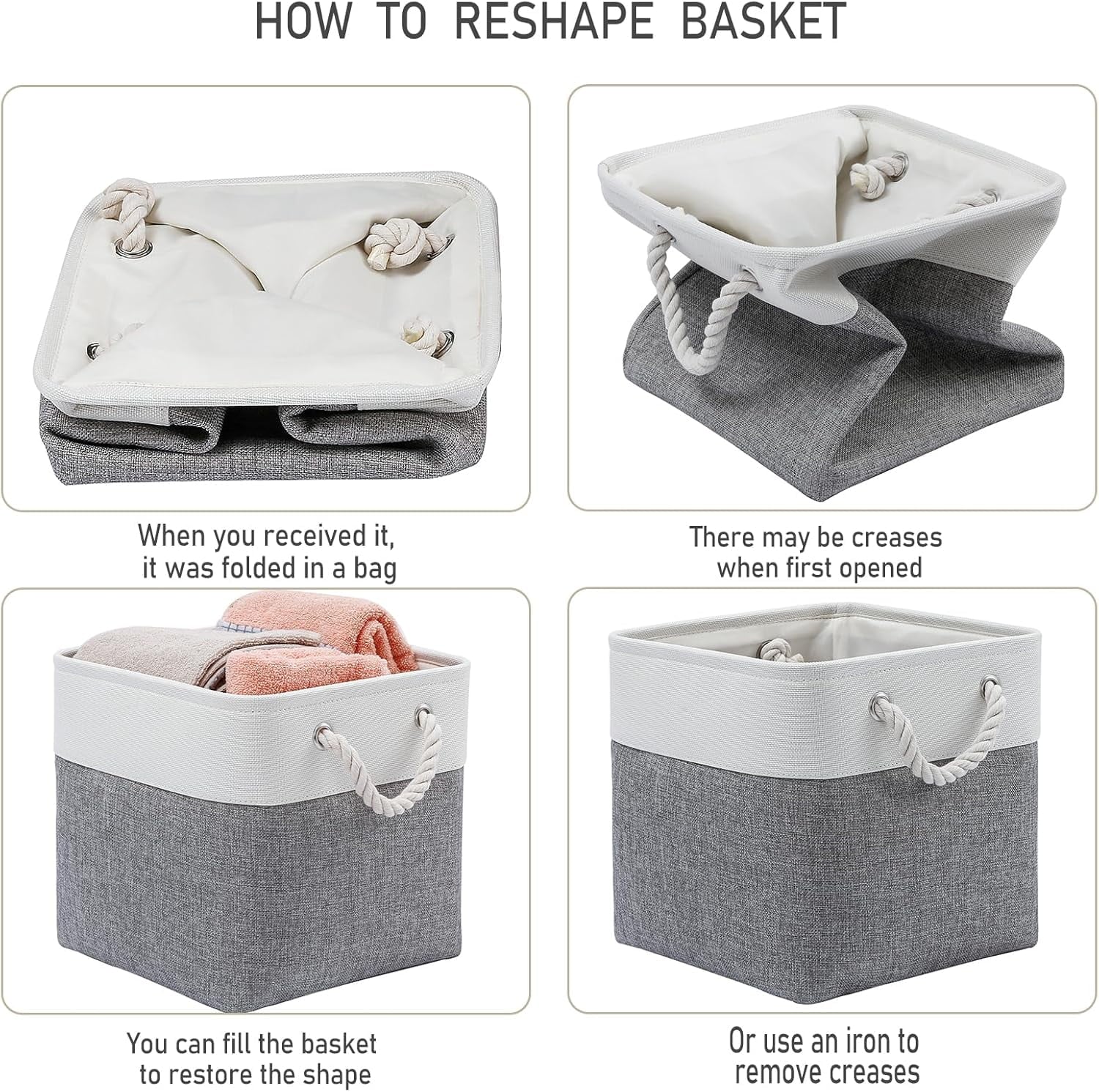 13 x 13 Inch Cube Storage Bins 6 Pack Extra Large Collapsible Fabric Storage Bin with Ropes Foldable Storage Cubes for Home (White & Beige-13"x13"x13") – Foldable Space-Saving Design with a Practical Everyday Design