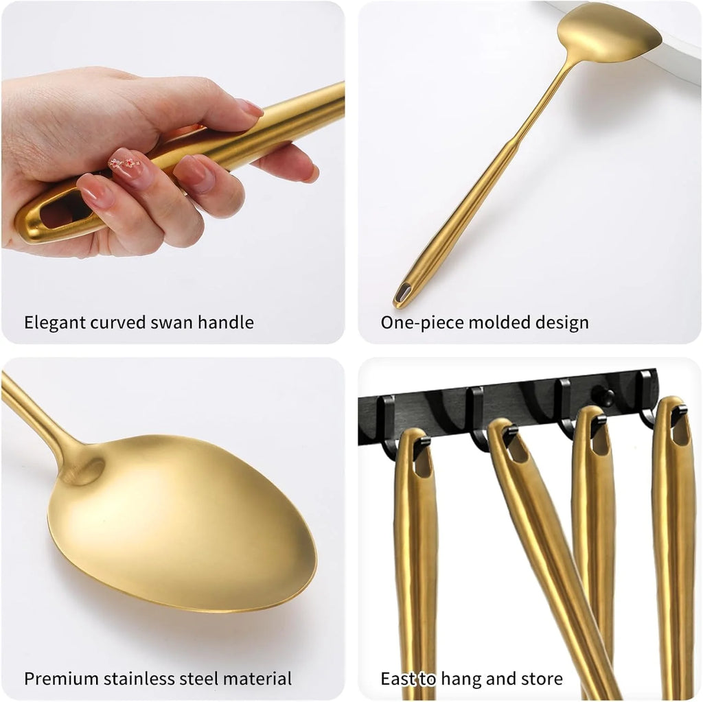 304 Stainless Steel Cooking Utensils,6 Pcs Kitchen Cooking Utensils Set with Spatula Solid Spoon Ladle Skimmer Spaghetti Spoon,Dishwasher Suitable(Gold) – Durable Stainless Steel Construction with a Practical Everyday Design
