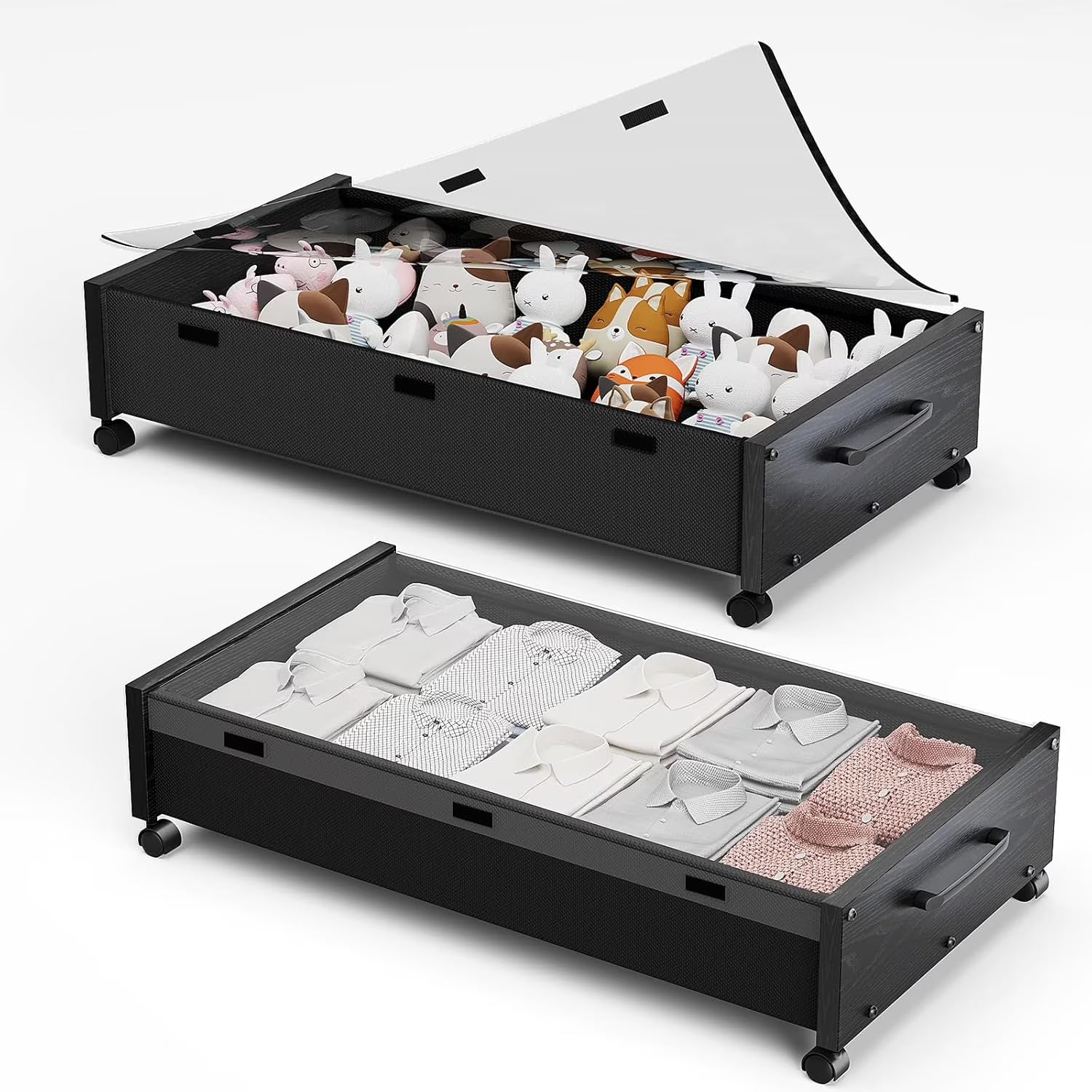 Wooden Under Bed Storage with Wheels Rolling Under the Bed Storage Bins with Removable Lid Metal Under Bed Drawers for Clothes and Shoes in Bedroom or Living Room(Black Wood-2pack) – Easy-Roll Mobility with a Practical Everyday Design