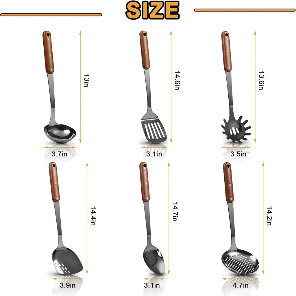 Stainless Steel Cooking Utensils Set Mirror Polished 6 Pieces Kitchen Utensils Set Kitchen Tools Set With Wooden Handle Non-Stick Heat Resistant,Dishwasher Suitable Easy to Clean – Convenient Carry Handles with a Practical Everyday Design