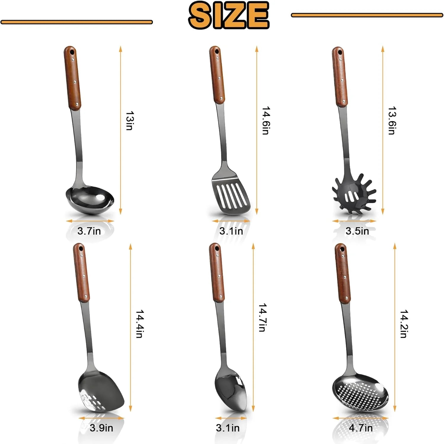 Stainless Steel Cooking Utensils Set Mirror Polished 6 Pieces Kitchen Utensils Set Kitchen Tools Set With Wooden Handle Non-Stick Heat Resistant,Dishwasher Suitable Easy to Clean – Convenient Carry Handles with a Practical Everyday Design
