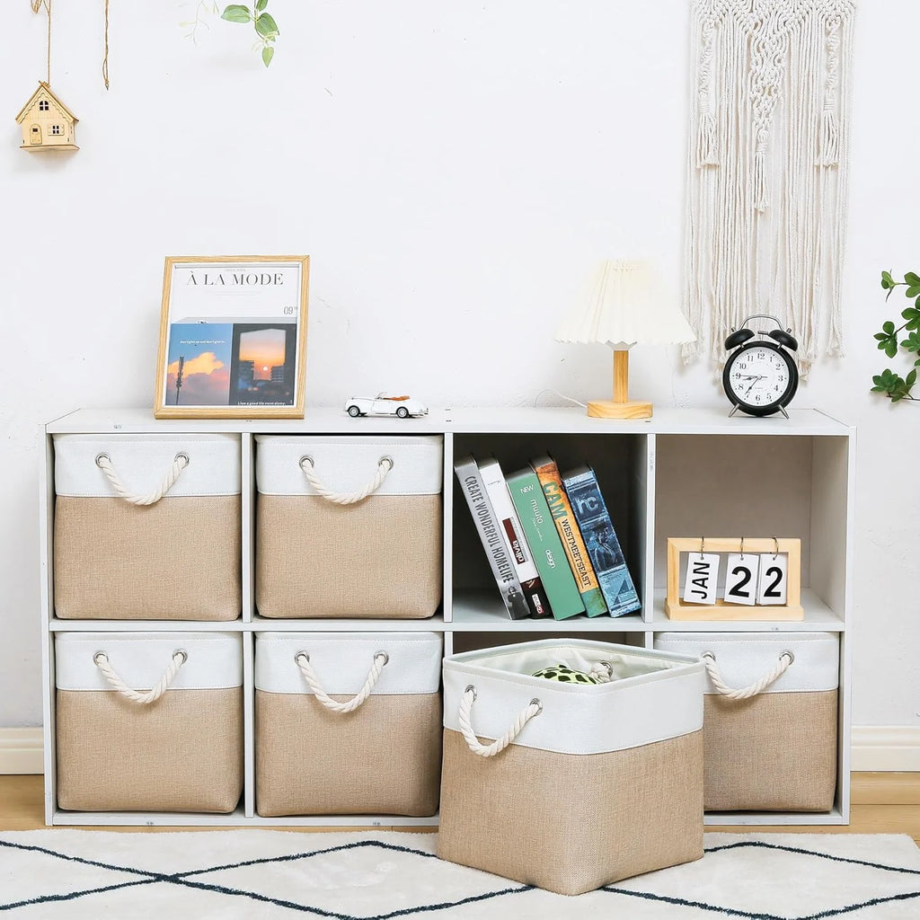 11 x 11 Inch Storage Cubes 6 Pack Large Collapsible Fabric Storage Bin White&Beige – Foldable Space-Saving Design with a Practical Everyday Design