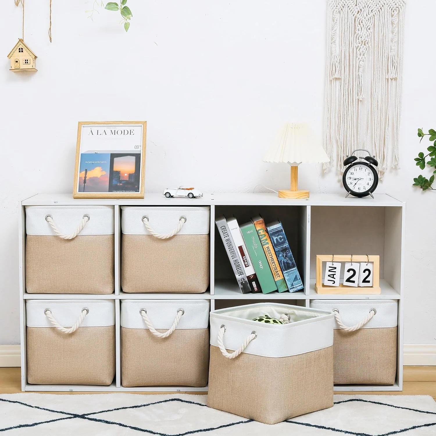 11 x 11 Inch Storage Cubes 6 Pack Large Collapsible Fabric Storage Bin White&Beige – Foldable Space-Saving Design with a Practical Everyday Design