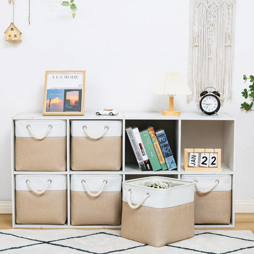 11 x 11 Inch Storage Cubes 6 Pack Large Collapsible Fabric Storage Bin White&Beige – Foldable Space-Saving Design with a Practical Everyday Design