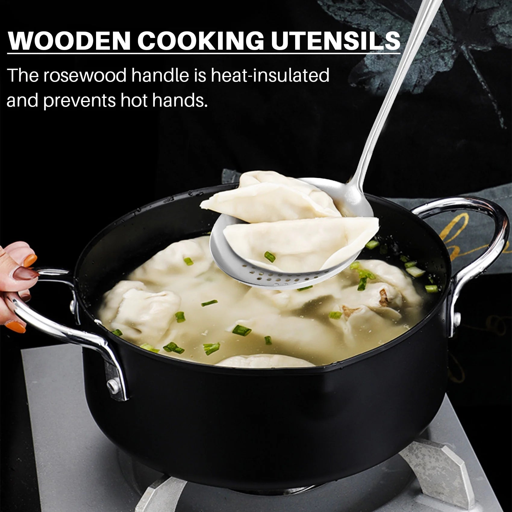 Long Handle Stainless Steel Wok Kitchen Slotted Turner Rice Spoon Ladle Cooking Tools Utensil Set – Convenient Carry Handles with a Practical Everyday Design