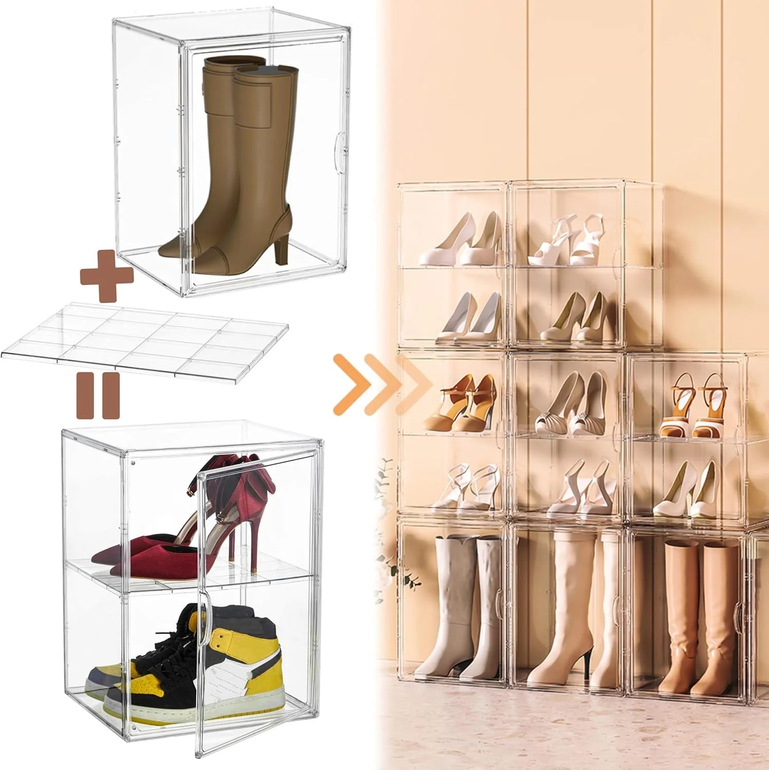 XXX-Large Clear Acrylic Display Case Boot Shoe Storage Boxes With An Adjustable Divider,2 Pack 2 Tiers Clear Plastic Stackable Storage Bins With Lids Big Display Acrylic Box With Magnetic Door – Everyday Household Format with a Practical Everyday Design