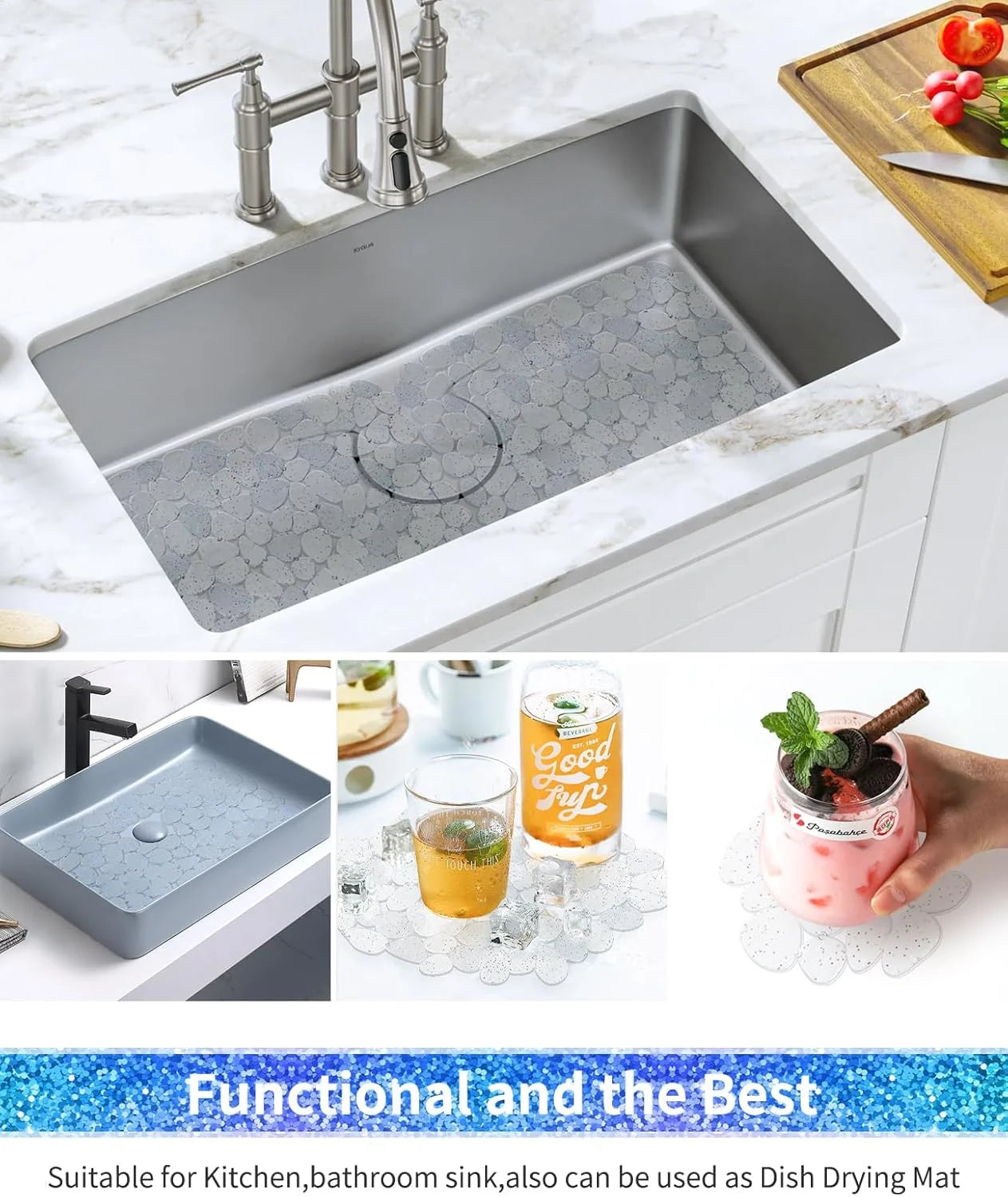 Bligli Pebble Sink Mat 2-Pack - PVC Kitchen Protector for Stainless Steel/Ceramic Dish Drying Mat for Dishes 15.7" x 11.8" Bling Clear – Clear-View Organization with a Practical Everyday Design