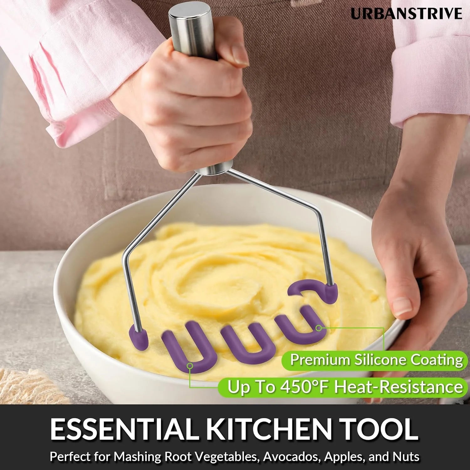 Scratch-resistant silicone potato mash maker kitchen tool stainless steel outer layer wrapped with durable silicone. – Durable Stainless Steel Construction with a Practical Everyday Design