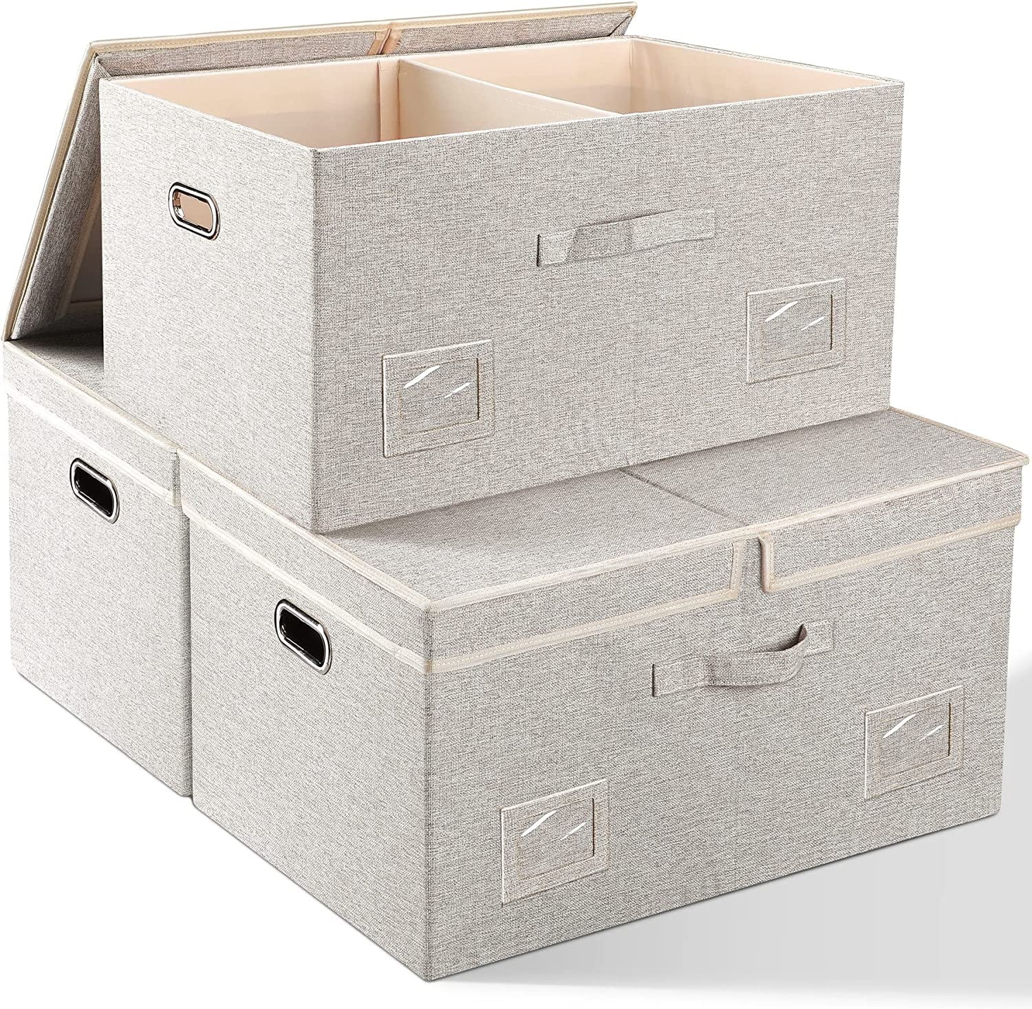 Large 17" 36 Quart Collapsible Stackable Storage Bins with Lids 3 Packs White Linen Fabric Closet Boxes with Lids Storage Cube Baskets Container Organizers for Bedroom Office(17 x12 x11) – Multiroom Organization Format with a Practical Everyday Design