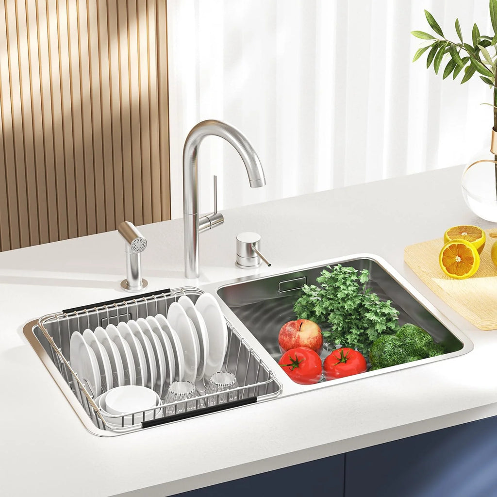 Dish Drying Rack in-Sink 304 Stainless Steel Dish Drainer with Stainless Steel Silverware Holder Over Inside Sink-Adjustable – Durable Stainless Steel Construction with a Practical Everyday Design