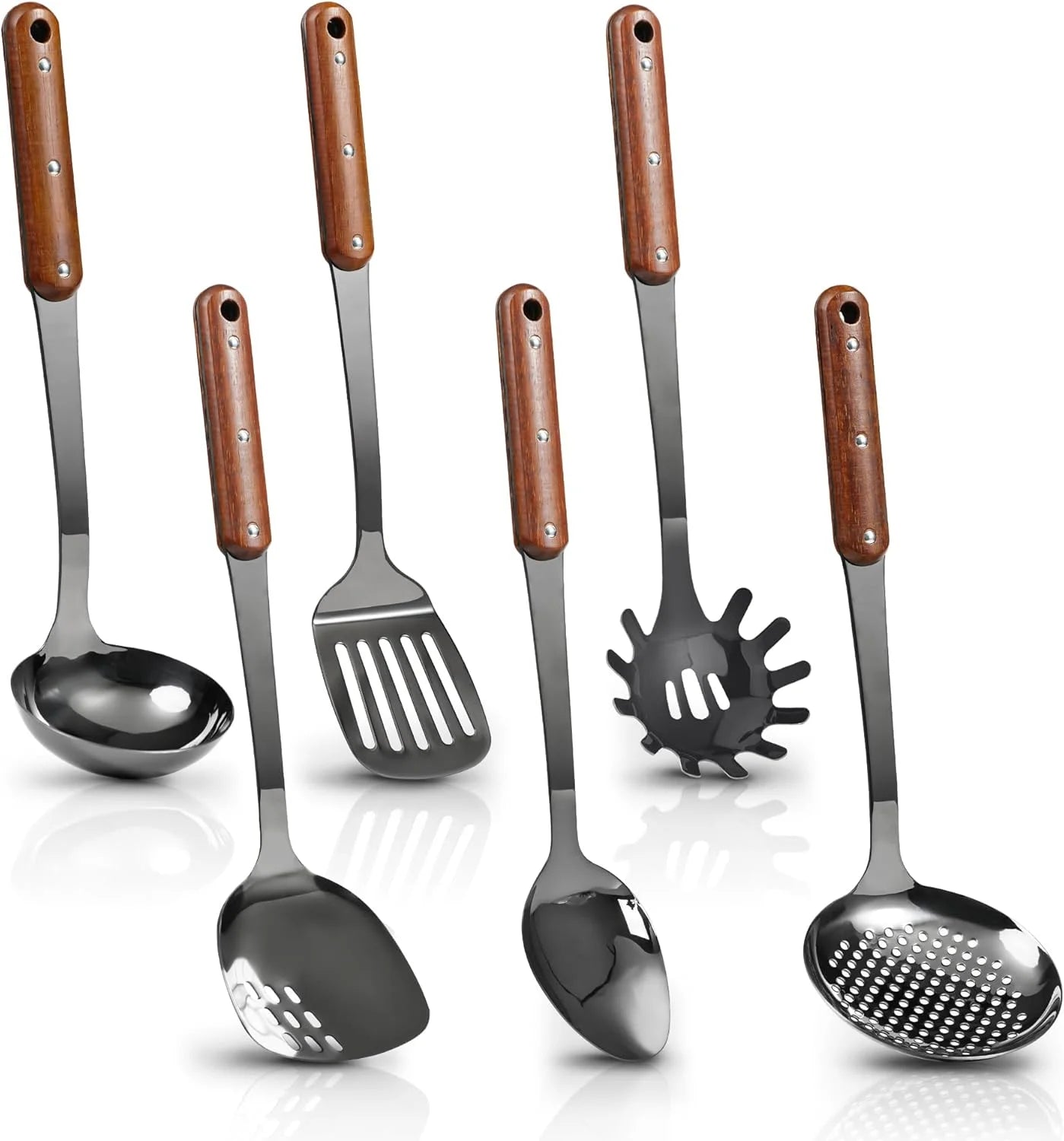 Stainless Steel Cooking Utensils Set Mirror Polished 6 Pieces Kitchen Utensils Set Kitchen Tools Set With Wooden Handle Non-Stick Heat Resistant,Dishwasher Suitable Easy to Clean – Convenient Carry Handles with a Practical Everyday Design