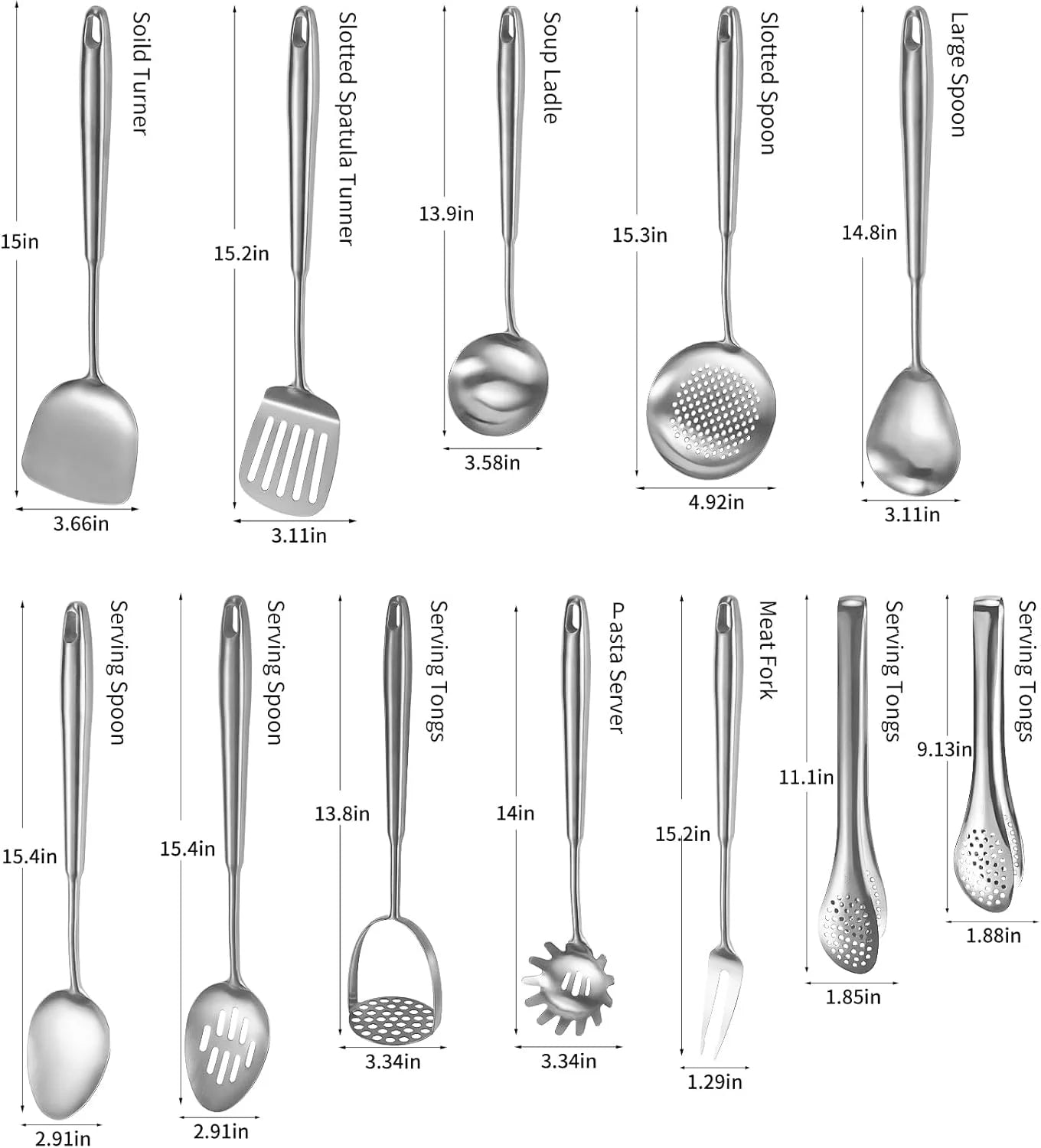 304 Stainlss Steel Kitchen Utensils Set 12 Pcs Long Metal Cooking Utensil Gadgets Tools Set with Spatula Ladle Spoon Ladle Skimmer Tunner Pasta Server Tongs(Silver Dishwasher Suitable) – Convenient Multi-Piece Set with a Practical Everyday Design