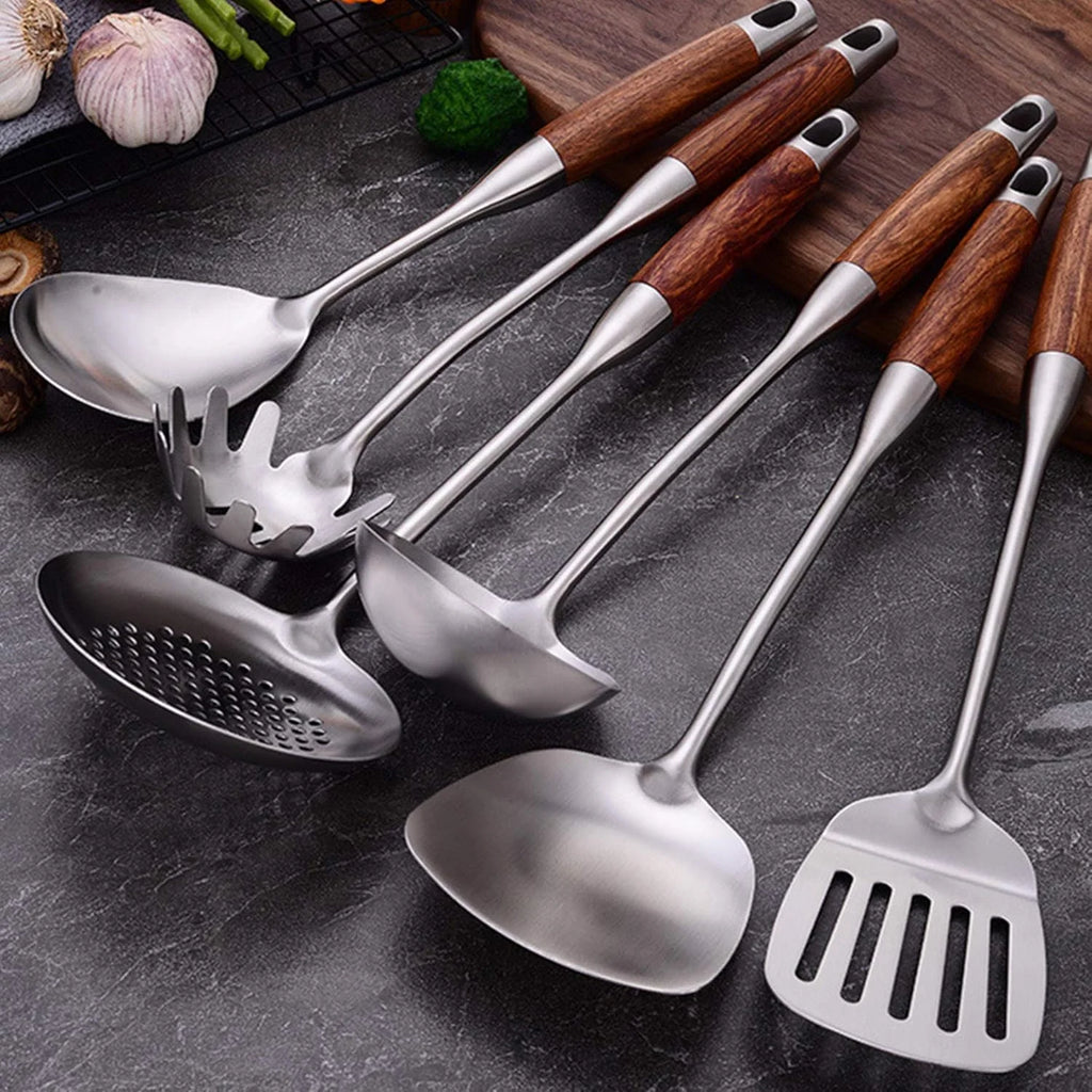 Cooking Utensils Set,7pcs 304 Stainless Steel Kitchen Utensils Set with Holder,Heat Resistant Wooden Handle Kitchen Tools – Convenient Carry Handles with a Practical Everyday Design