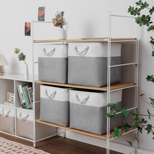 13 x 13 Inch Cube Storage Bins 6 Pack Extra Large Collapsible Fabric Storage Bin with Ropes Foldable Storage Cubes for Home (White & Beige-13"x13"x13") – Foldable Space-Saving Design with a Practical Everyday Design