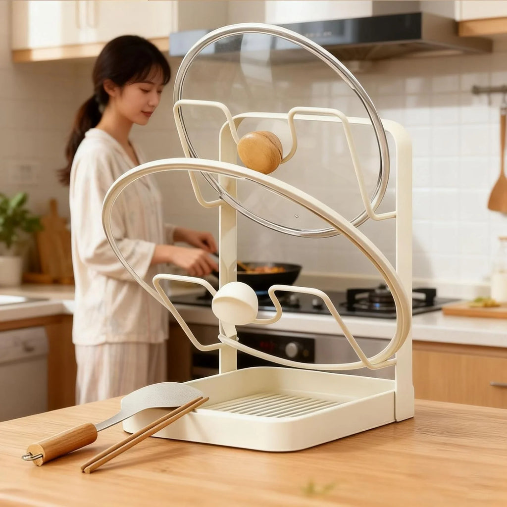 Kitchen Pot Lid Storage Rack 304 Stainless Steel Pot Lid Holder While Cooking Multifunctional Kitchen Pot Cover Organizer for Countertop With Removable Drip Tray – Durable Stainless Steel Construction with a Practical Everyday Design
