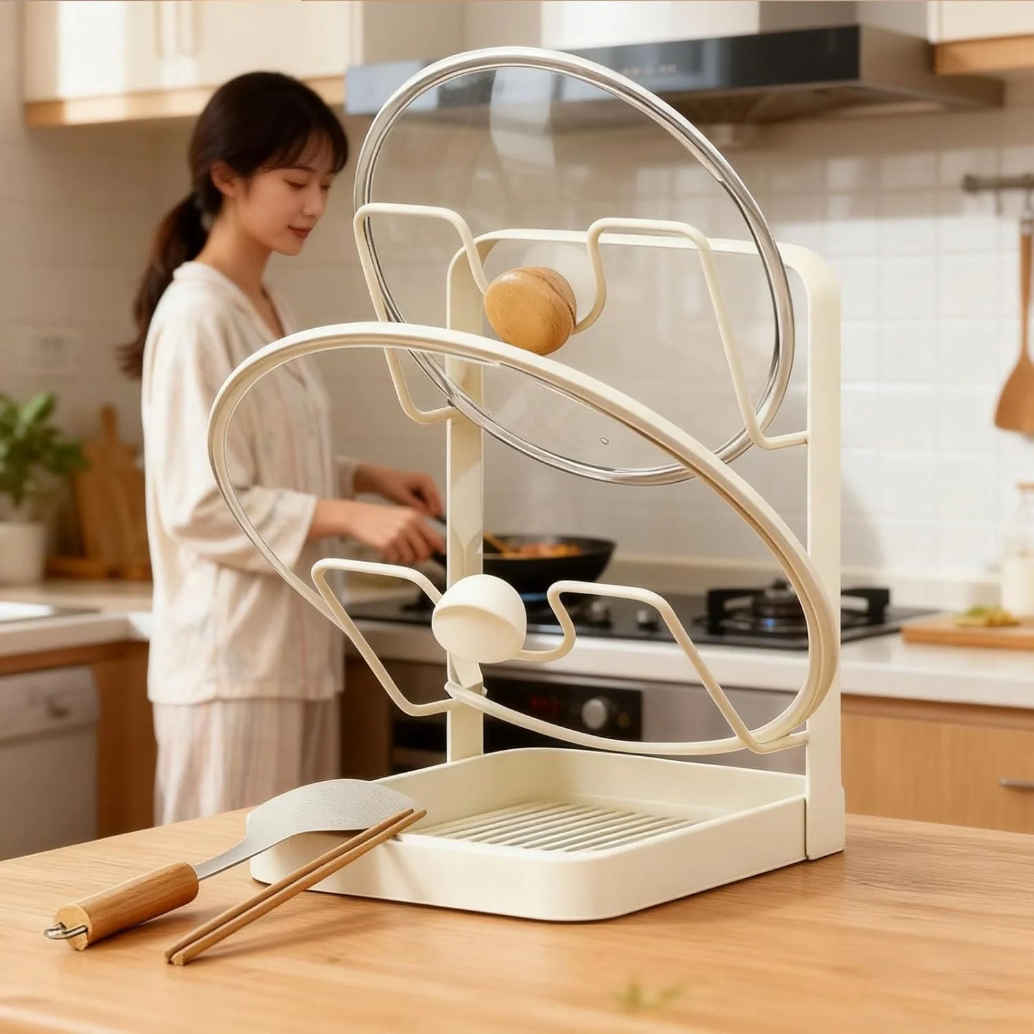 Kitchen Pot Lid Storage Rack 304 Stainless Steel Pot Lid Holder While Cooking Multifunctional Kitchen Pot Cover Organizer for Countertop With Removable Drip Tray – Durable Stainless Steel Construction with a Practical Everyday Design
