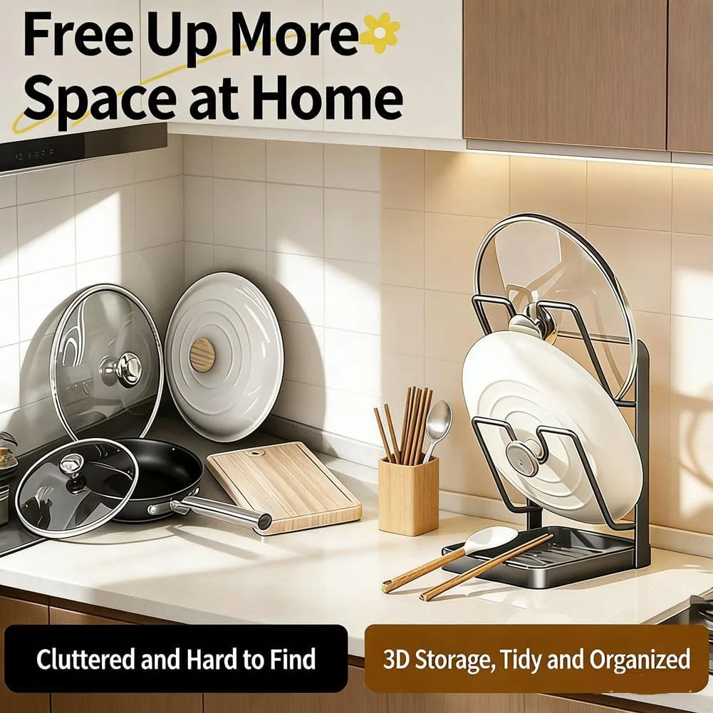 Kitchen Pot Lid Storage Rack Stainless Steel Pot Lid Holder While Cooking & Spoon Rest Multifunctional Pot Lid Organizer with Removable Drip Tray for Countertop Space-Saving Lid Rack – Durable Stainless Steel Construction with a Practical Everyday Design