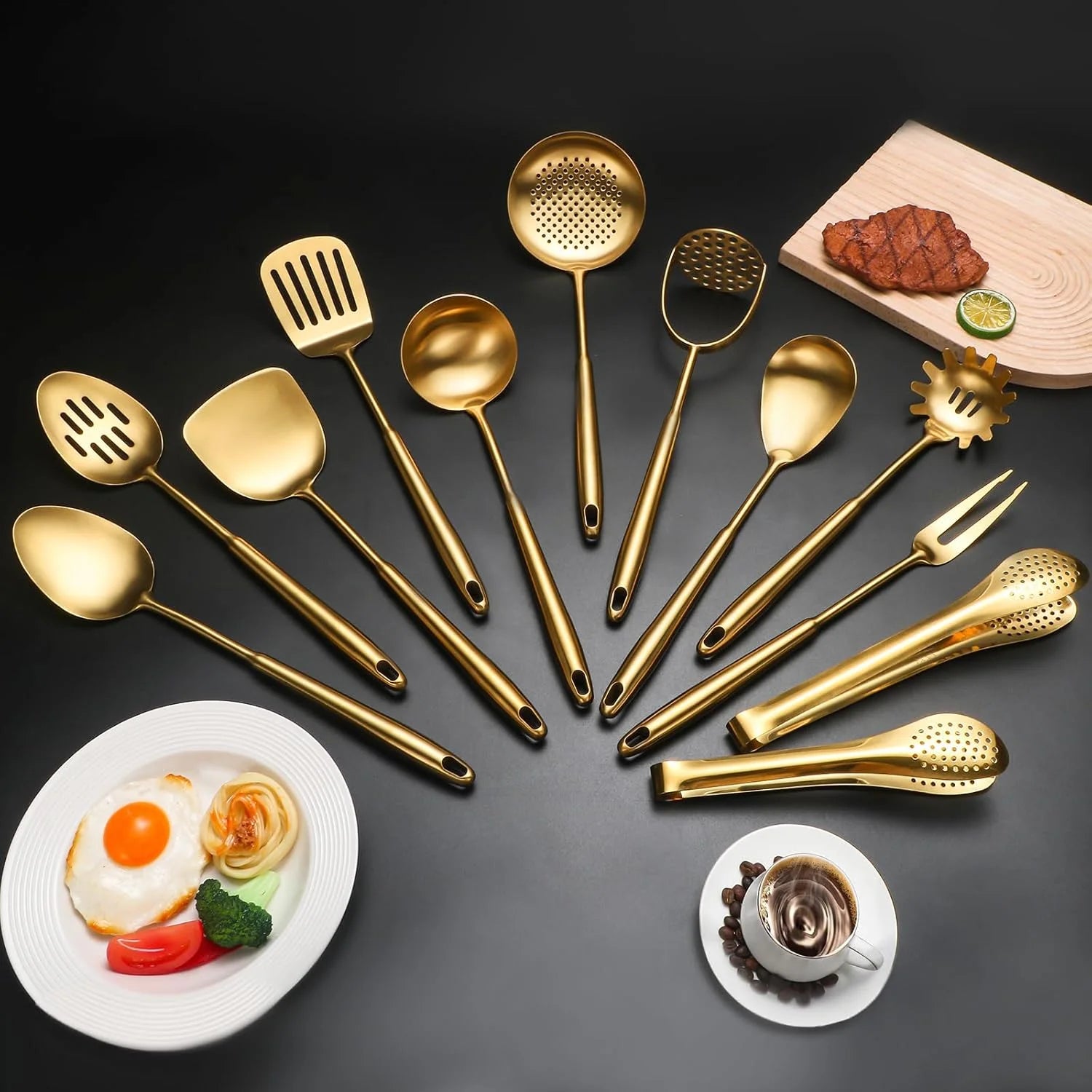 304 Stainless Steel Cooking Utensils,6 Pcs Kitchen Cooking Utensils Set with Spatula Solid Spoon Ladle Skimmer Spaghetti Spoon,Dishwasher Suitable(Gold) – Durable Stainless Steel Construction with a Practical Everyday Design