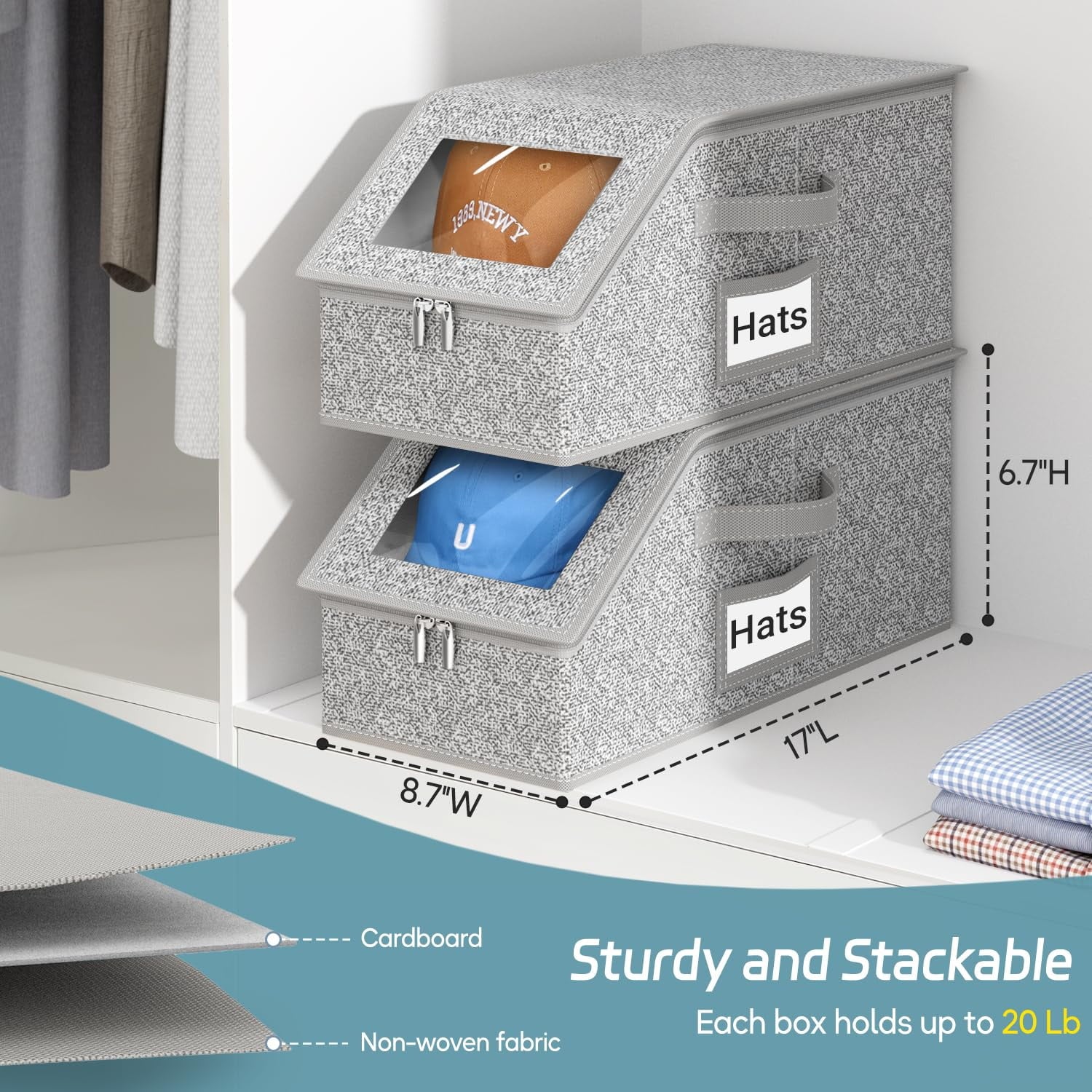 2 Pcs Stackable Hat Storage for Baseball Caps Holds up to 24 Caps Hat Organizer for Closet Sturdy Snapback Boxes for Men with Cardboard Grey – Stackable Organization with a Practical Everyday Design