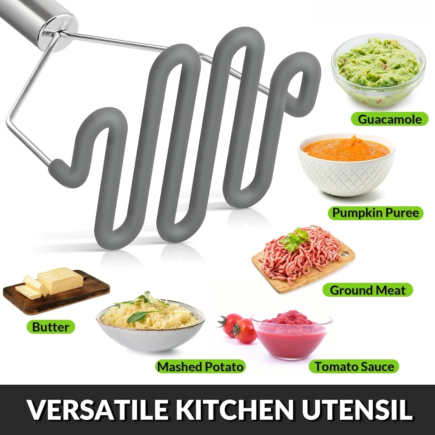 Scratch-resistant silicone potato masher kitchen tool potato masher stainless steel wrapped durable silicone potato smasher gray – Durable Stainless Steel Construction with a Practical Everyday Design