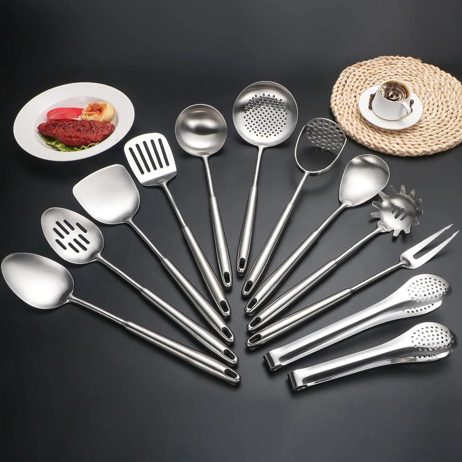 304 Stainlss Steel Kitchen Utensils Set 12 Pcs Long Metal Cooking Utensil Gadgets Tools Set with Spatula Ladle Spoon Ladle Skimmer Tunner Pasta Server Tongs(Silver Dishwasher Suitable) – Convenient Multi-Piece Set with a Practical Everyday Design