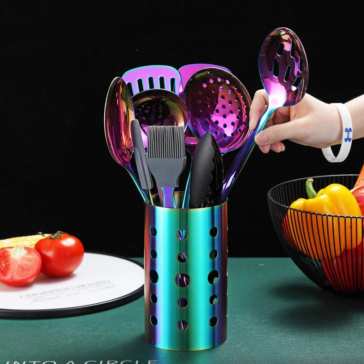 Rainbow Kitchen Utensil Set 13-Piece Stainless Steel Cookware Set Titanium Rainbow Plating Kitchen Tool Set with Cutlery Holder Suitable for Non-stick Cookware Dishwasher Suitable – Durable Stainless Steel Construction with a Practical Everyday Design