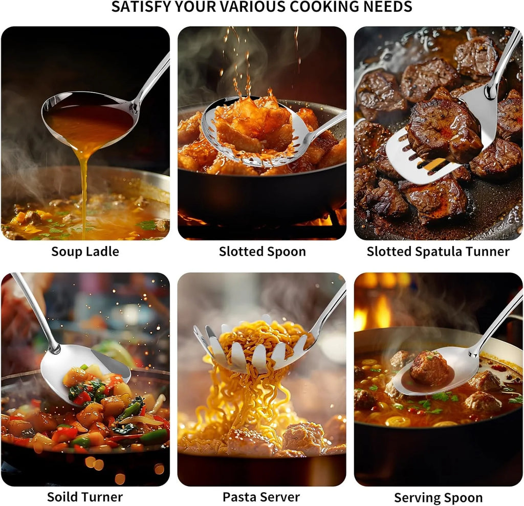 304 Stainless Steel Cooking Utensils Set,6 Pcs Long Metal Kitchen Utensils Set with Spatula Solid Spoon Ladle Skimmer Spaghetti Spoon,Dishwasher Suitable – Durable Stainless Steel Construction with a Practical Everyday Design