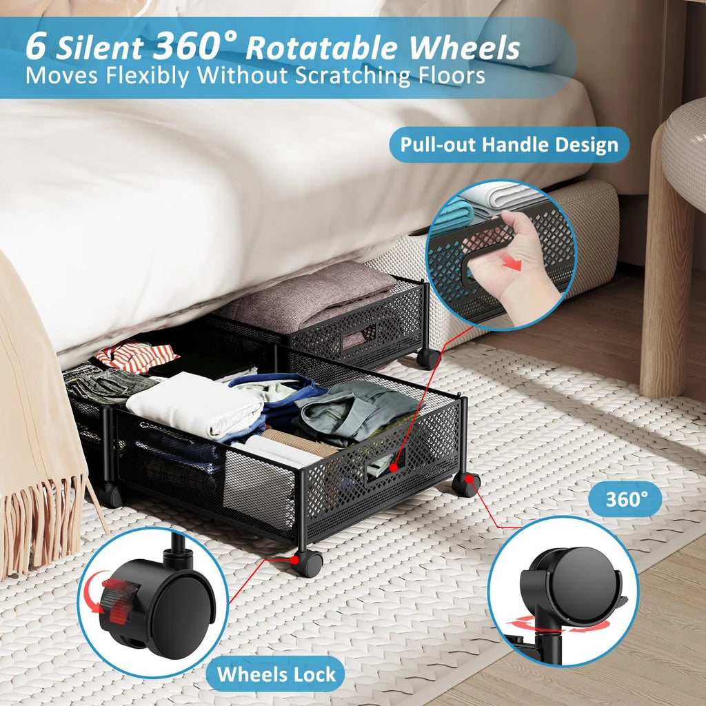 47.2'' Long Under Bed Storage on Wheels 57.6L Large Capacity Rolling Under the Bed Storage Containers Tool-Free Assembly Foldable Underbed Shoes Clothes Toy Drawers – Multiroom Organization Format with a Practical Everyday Design