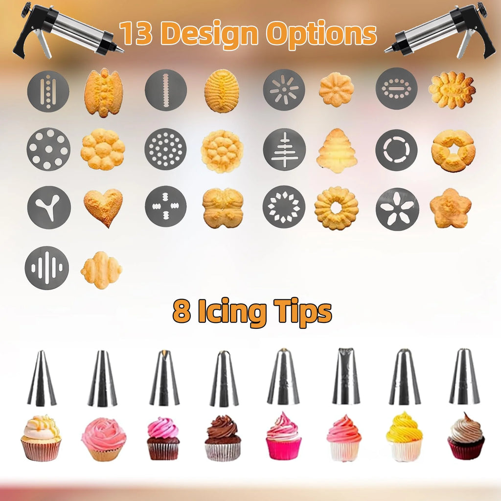 Stainless Steel Cookies Press Cookies Press for Baking,Cookie Press Gun Kit with 13 Cookie Discs and 8 Piping Tips for DIY cake Maker Decorating Baking Supplies – Durable Stainless Steel Construction with a Practical Everyday Design