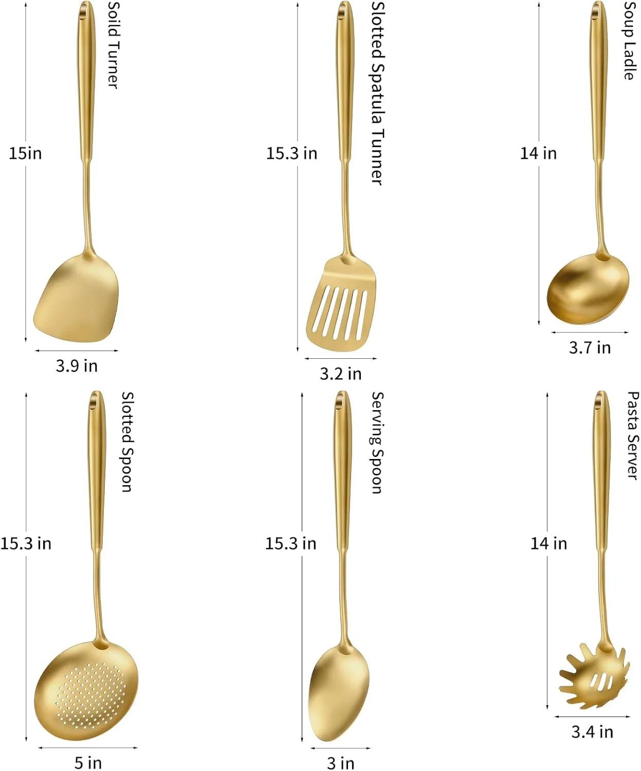 304 Stainless Steel Cooking Utensils,6 Pcs Kitchen Cooking Utensils Set with Spatula Solid Spoon Ladle Skimmer Spaghetti Spoon,Dishwasher Suitable(Gold) – Durable Stainless Steel Construction with a Practical Everyday Design