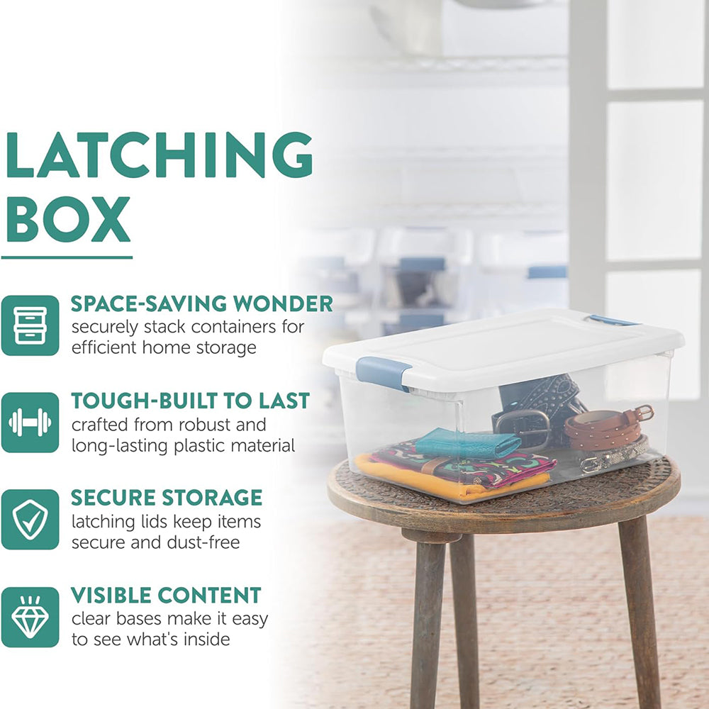 15 Qt Latching Storage Box Stackable Bin with Latch Lid Plastic Container to Organize Closet Shelf Clear with White Lid 12-Pack – Multiroom Organization Format with a Practical Everyday Design
