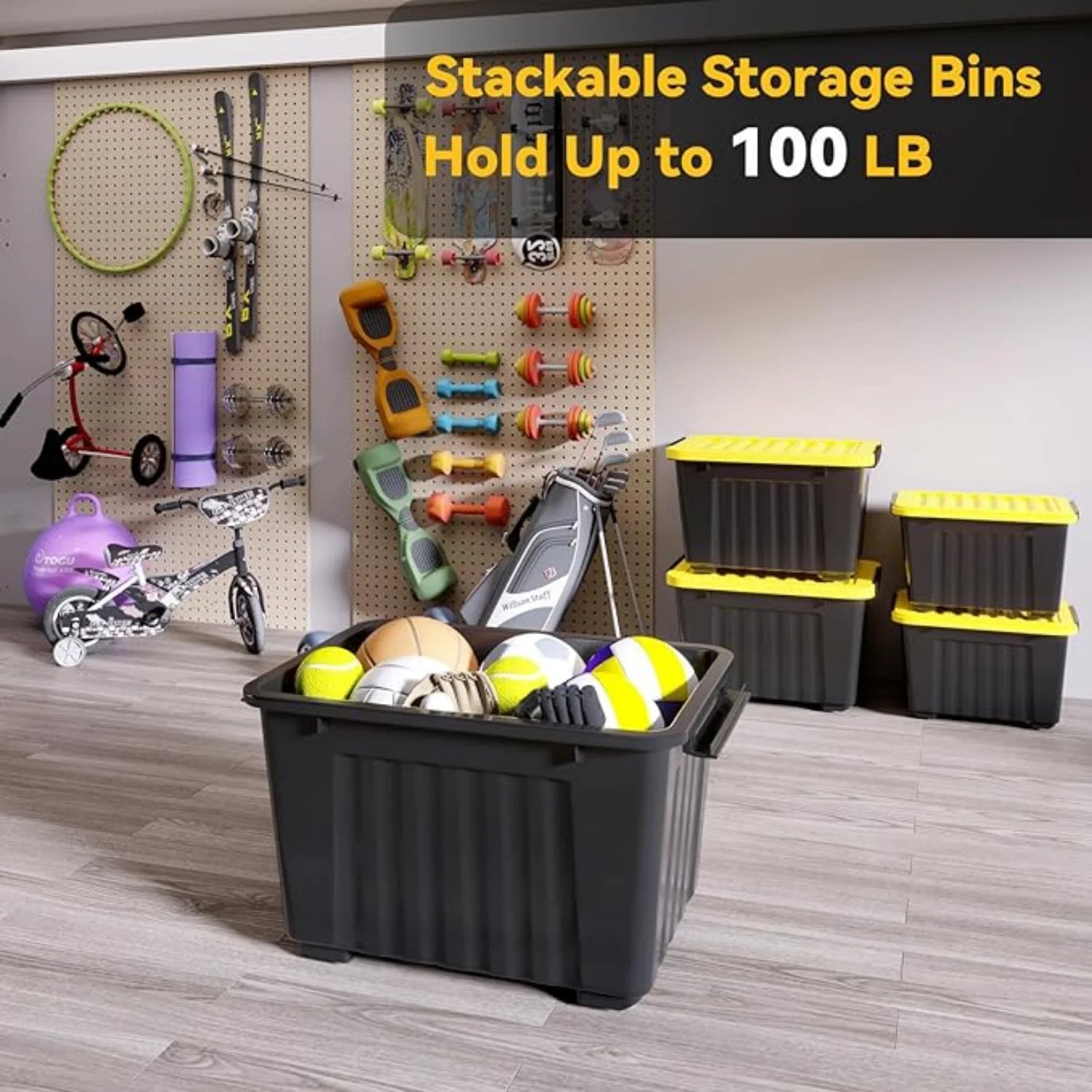72Quart Plastic Storage Bin Stackable and Nestable Storage Boxes with White Lids and Secure Latching Buckles Large Storage Container (Black/Yellow 72Quart-6Pack) – Stackable Organization with a Practical Everyday Design