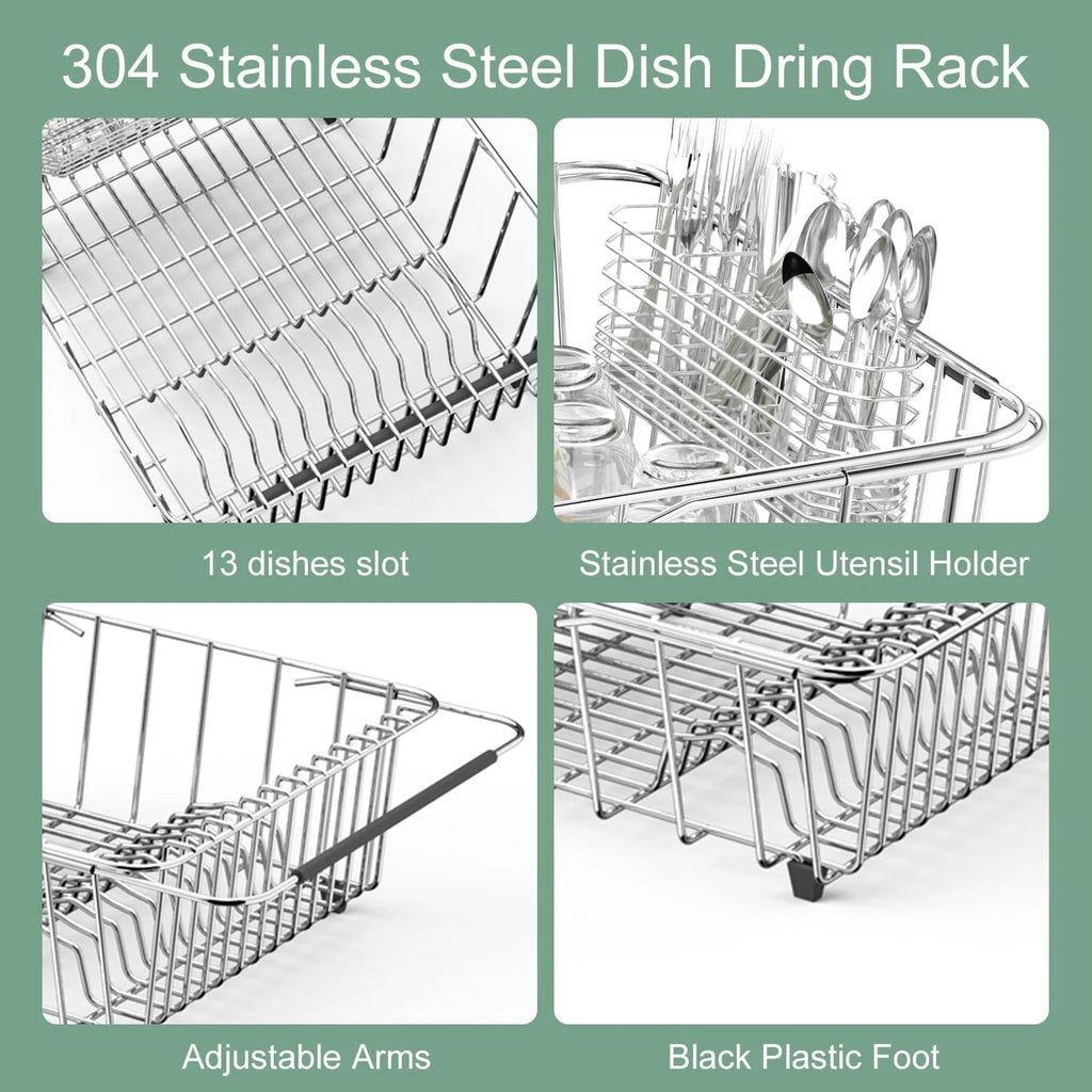 Dish Drying Rack in-Sink 304 Stainless Steel Dish Drainer with Stainless Steel Silverware Holder Over Inside Sink-Adjustable – Durable Stainless Steel Construction with a Practical Everyday Design