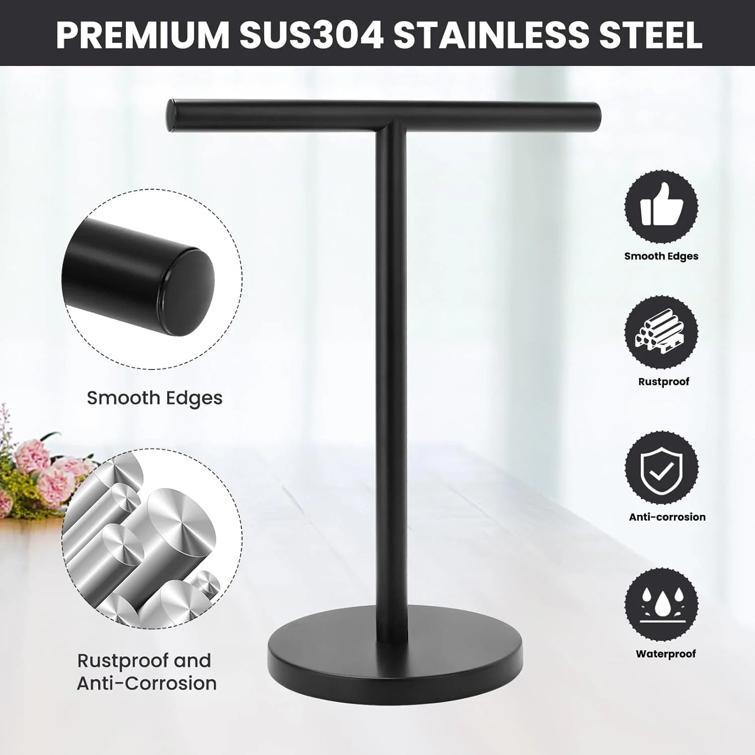 T-Shape Bath Hand Towel Holder Stand Stainless Steel Free Standing Hand Towel Rack with Heavy Base for Bathroom Kitchen & Countertop Matte Black – Durable Stainless Steel Construction with a Practical Everyday Design