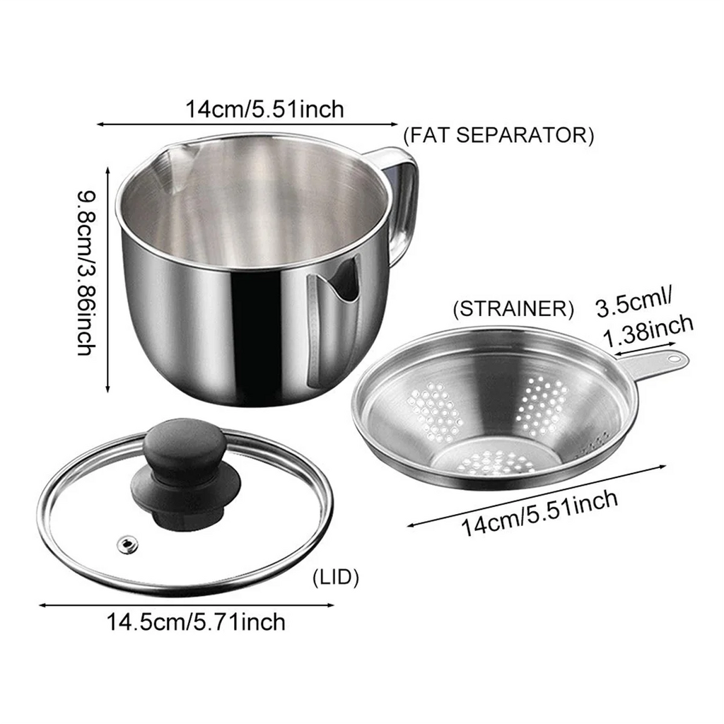 Stainless Steel Fat Separator 1L/4 Cup Gravy Grease with Strainer and Glass Lid Soup Oil Cup – Durable Stainless Steel Construction with a Practical Everyday Design